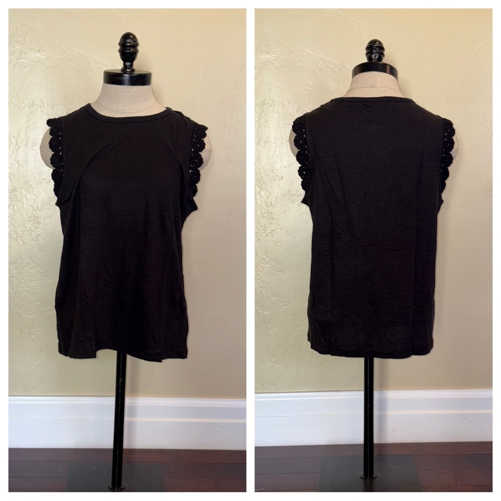PAIGE Chrissy Tank Sleeveless Crotchet Trim Linen Black Size Medium